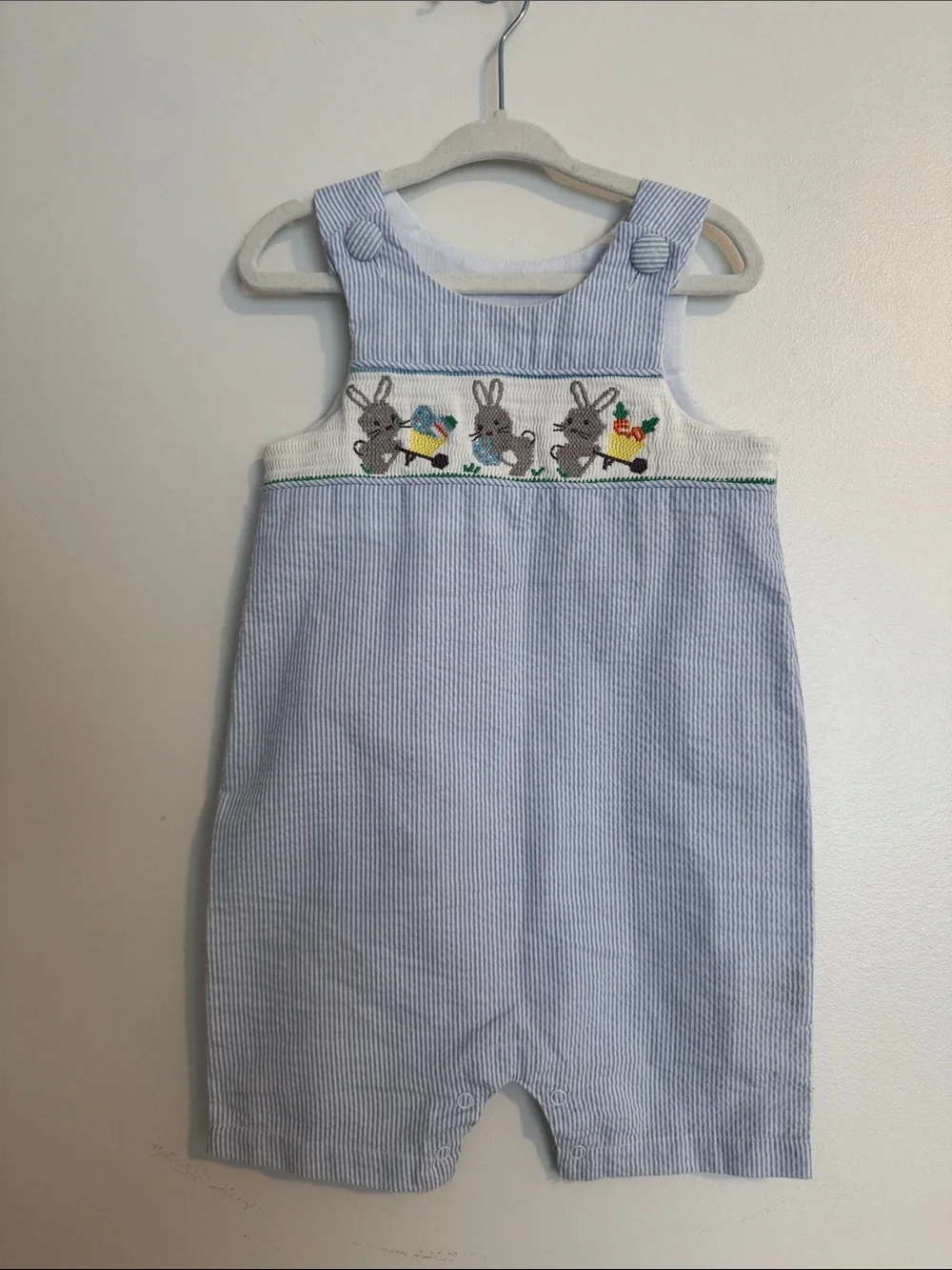 Mudpie Blue Smocked Striped Baby Romper with Bunny Embroidered Panel